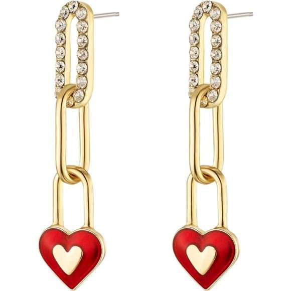 Gold Linked Red Heart Dangle Earrings for Women Girls - Picture 1 of 7